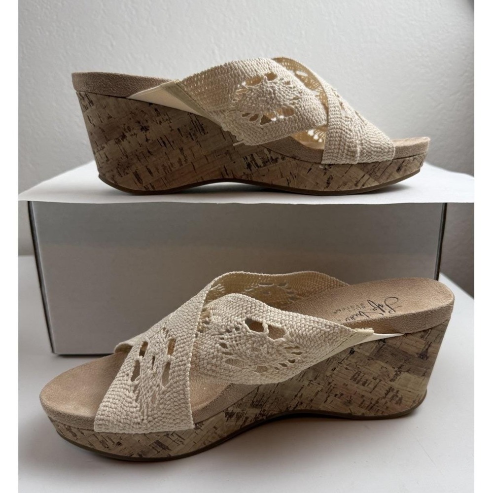 LifeStride Cream Donna Woven Crochet Cork Wedge Slide Sandals Womens Size 8.5 - Picture 5 of 9